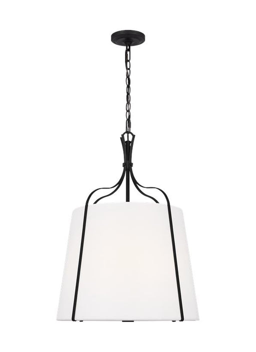 Generation Lighting Leander Transitional 3-Light Indoor Dimmable Medium Hanging Shade Pendant Smith Steel Grey-White Linen Fabric Shade (AP1253SMS)
