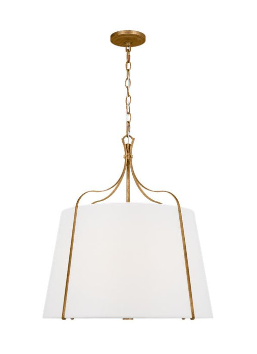 Generation Lighting Leander Transitional 4-Light Indoor Dimmable Large Hanging Shade Pendant Antique Gild Rustic Gold-White Linen Fabric Shade (AP1264ADB)