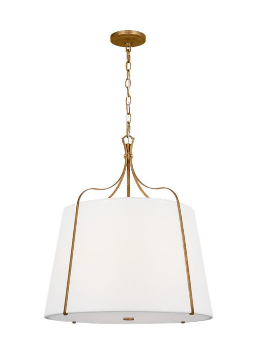 Generation Lighting Leander Transitional 4-Light Indoor Dimmable Large Hanging Shade Pendant Antique Gild Rustic Gold-White Linen Fabric Shade (AP1264ADB)