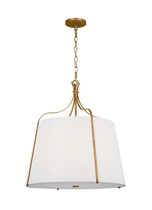 Generation Lighting Leander Transitional 4-Light Indoor Dimmable Large Hanging Shade Pendant Antique Gild Rustic Gold-White Linen Fabric Shade (AP1264ADB)