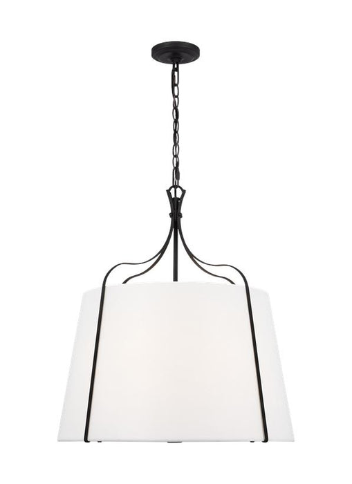 Generation Lighting Leander Transitional 4-Light Indoor Dimmable Large Hanging Shade Pendant Smith Steel Grey-White Linen Fabric Shade (AP1264SMS)