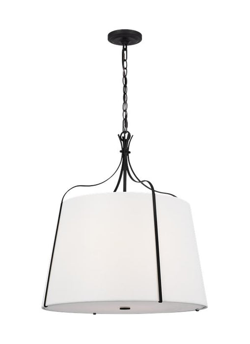 Generation Lighting Leander Transitional 4-Light Indoor Dimmable Large Hanging Shade Pendant Smith Steel Grey-White Linen Fabric Shade (AP1264SMS)