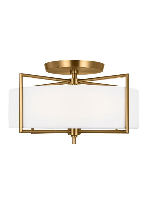 Generation Lighting Perno Mid-Century 3-Light Indoor Dimmable Large Ceiling Semi-Flush Mount Burnished Brass Gold-White Linen Fabric Shade (CF1113BBS)