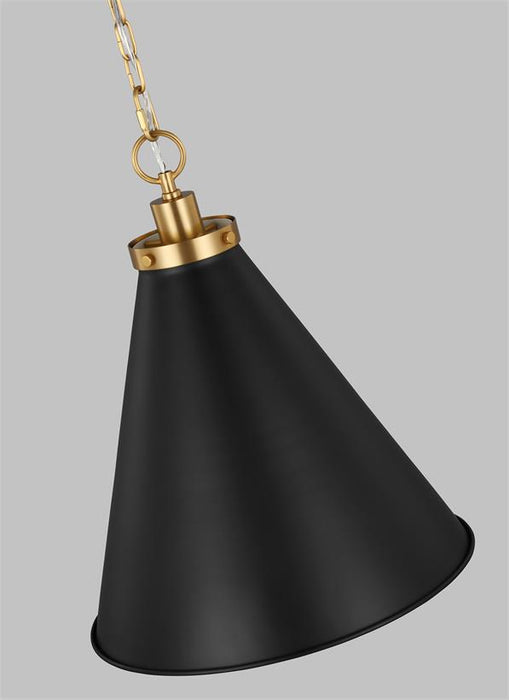 Generation Lighting Wellfleet Medium Cone Pendant Midnight Black and Burnished Brass Finish With Midnight Black Steel Shade (CP1271MBKBBS)
