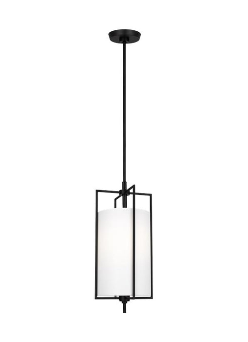 Generation Lighting Perno Mid-Century 1-Light Indoor Dimmable Small Hanging Shade Ceiling Pendant Aged Iron Grey-White Linen Fabric Shade (CP1401AI)