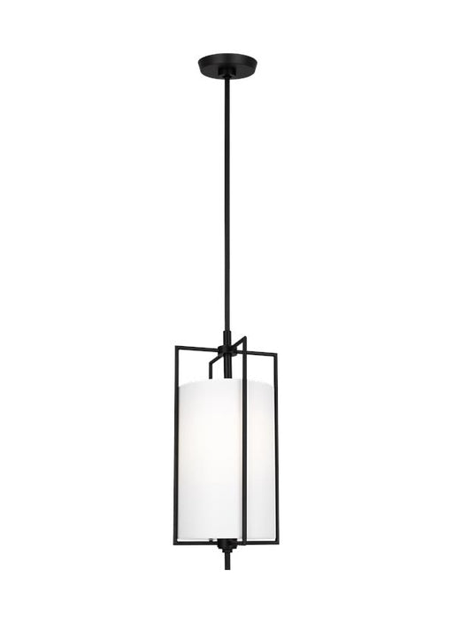 Generation Lighting Perno Mid-Century 1-Light Indoor Dimmable Small Hanging Shade Ceiling Pendant Aged Iron Grey-White Linen Fabric Shade (CP1401AI)