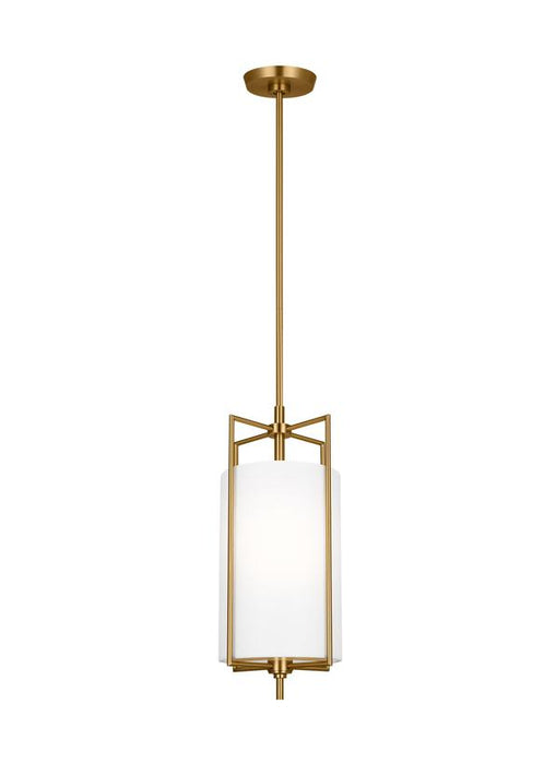 Generation Lighting Perno Mid-Century 1-Light Indoor Dimmable Small Hanging Shade Ceiling Pendant Burnished Brass Gold-White Linen Fabric Shade (CP1401BBS)