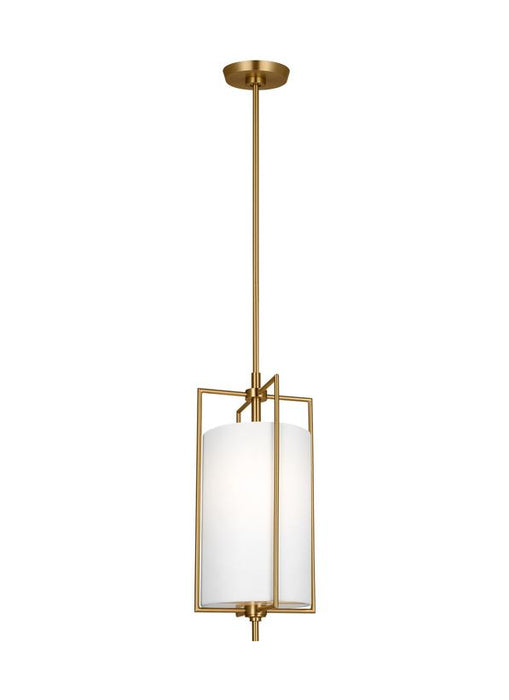 Generation Lighting Perno Mid-Century 1-Light Indoor Dimmable Small Hanging Shade Ceiling Pendant Burnished Brass Gold-White Linen Fabric Shade (CP1401BBS)