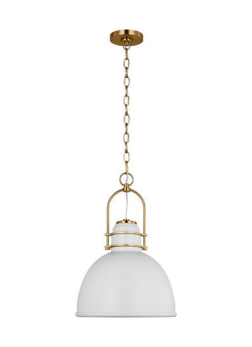 Generation Lighting Upland Mid-Century 1-Light Indoor Dimmable Extra Large Pendant Ceiling Chandelier Light Matte White/Burnished Brass-Steel Shade (CP1411BBSMWT)