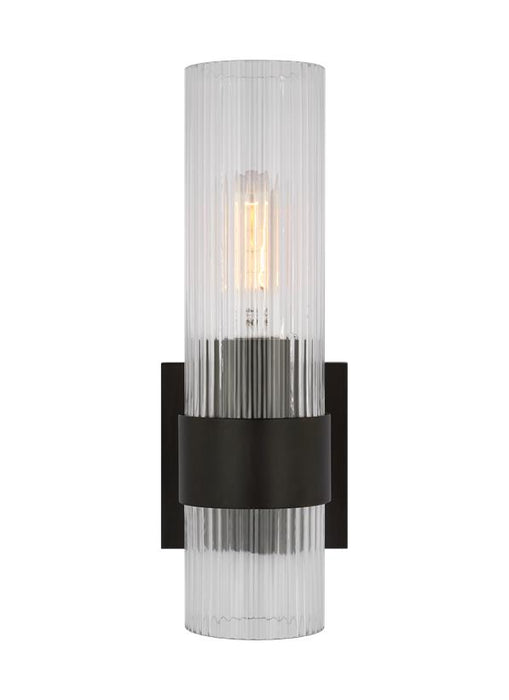 Generation Lighting Geneva Mid-Century 1-Light Indoor Dimmable Bath Vanity Wall Sconce In Aged Iron Finish With Clear Fluted Glass Shades (CV1021AI)