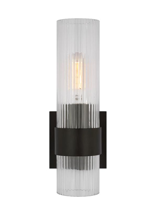 Generation Lighting Geneva Mid-Century 1-Light Indoor Dimmable Bath Vanity Wall Sconce In Aged Iron Finish With Clear Fluted Glass Shades (CV1021AI)