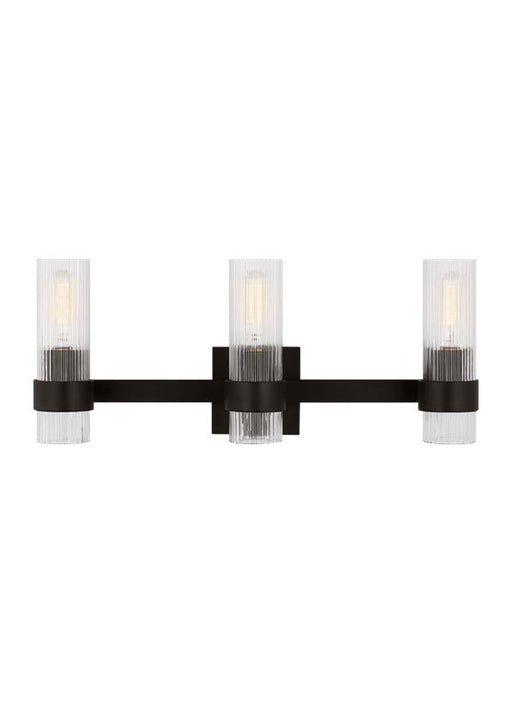 Generation Lighting Geneva Mid-Century 3-Light Indoor Dimmable Bath Vanity Wall Sconce In Aged Iron Finish With Clear Fluted Glass Shades (CV1023AI)