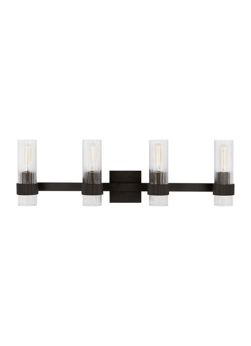 Generation Lighting Geneva Mid-Century 4-Light Indoor Dimmable Bath Vanity Wall Sconce In Aged Iron Finish With Clear Fluted Glass Shades (CV1024AI)