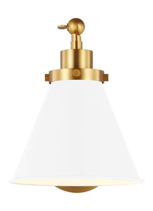 Generation Lighting Wellfleet Single Arm Cone Task Sconce Matte White and Burnished Brass Finish With Matte White Steel Shade (CW1121MWTBBS)