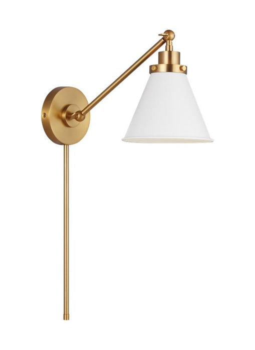 Generation Lighting Wellfleet Single Arm Cone Task Sconce Matte White and Burnished Brass Finish With Matte White Steel Shade (CW1121MWTBBS)