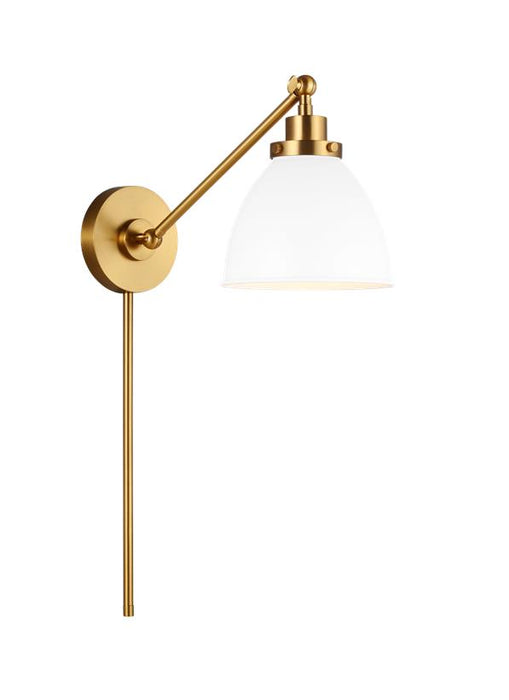 Generation Lighting Wellfleet Single Arm Dome Task Sconce Matte White and Burnished Brass Finish With Matte White Steel Shade (CW1131MWTBBS)