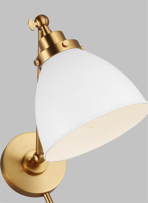 Generation Lighting Wellfleet Single Arm Dome Task Sconce Matte White and Burnished Brass Finish With Matte White Steel Shade (CW1131MWTBBS)