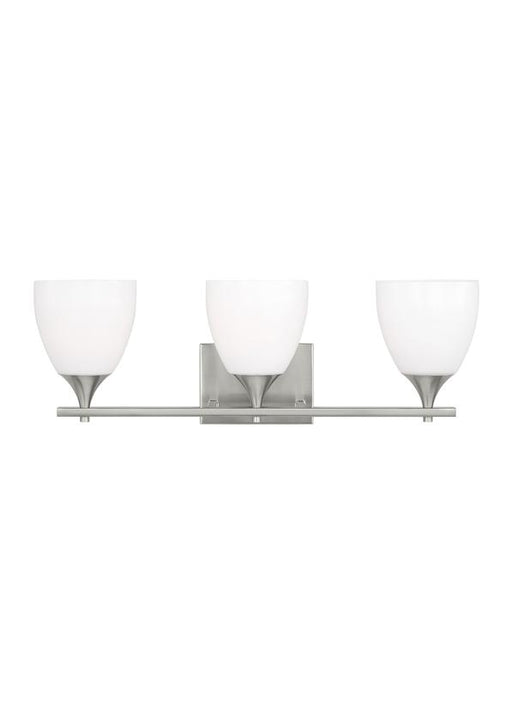 Generation Lighting Toffino Modern 3-Light Bath Vanity Wall Sconce In Brushed Steel Silver Finish With Milk Glass Shades (DJV1023BS)