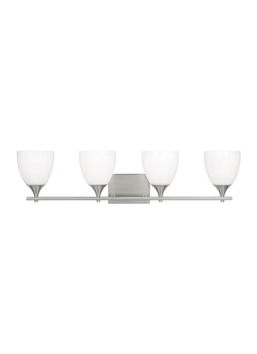 Generation Lighting Toffino Modern 4-Light Bath Vanity Wall Sconce In Brushed Steel Silver Finish With Milk Glass Shades (DJV1024BS)