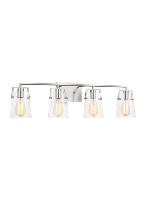 Generation Lighting Crofton Modern 4-Light Bath Vanity Wall Sconce In Brushed Steel Silver Finish With Clear Glass Shades (DJV1034BS)