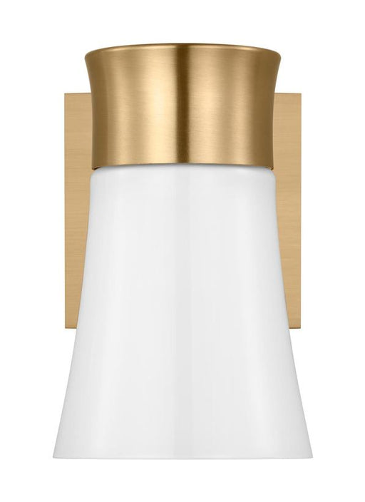 Generation Lighting Drew And Jonathan Scott Roy 1-Light Bath Vanity Wall Sconce In Satin Brass Finish With Milk Glass Shade (DJV1081SB)