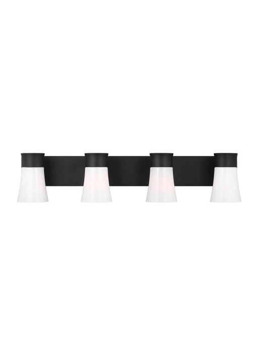 Generation Lighting Drew And Jonathan Scott Roy 4-Light Bath Vanity Wall Sconce In Midnight Black Finish With Milk Glass Shades (DJV1084MBK)