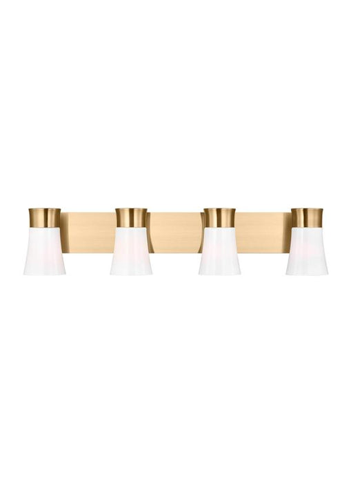 Generation Lighting Drew And Jonathan Scott Roy 4-Light Bath Vanity Wall Sconce In Satin Brass Finish With Milk Glass Shades (DJV1084SB)