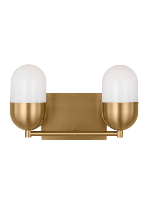 Generation Lighting Drew And Jonathan Scott Foster 2-Light Medium Bath Vanity Wall Sconce In Satin Brass Finish With Milk Glass Shades (DJV1092SB)