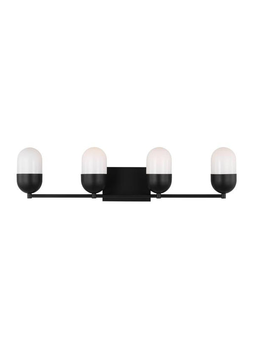 Generation Lighting Drew And Jonathan Scott Foster 4-Light Large Bath Vanity Wall Sconce In Midnight Black Finish With Milk Glass Shades (DJV1094MBK)