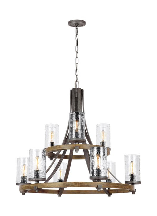 Generation Lighting Angelo Two-Tier Chandelier Distressed Weathered Oak/Slate Grey Metal Finish With Clear Wavy Glass (F3135/9DWK/SGM)