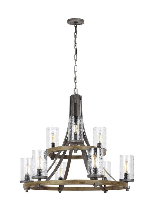 Generation Lighting Angelo Two-Tier Chandelier Distressed Weathered Oak/Slate Grey Metal Finish With Clear Wavy Glass (F3135/9DWK/SGM)