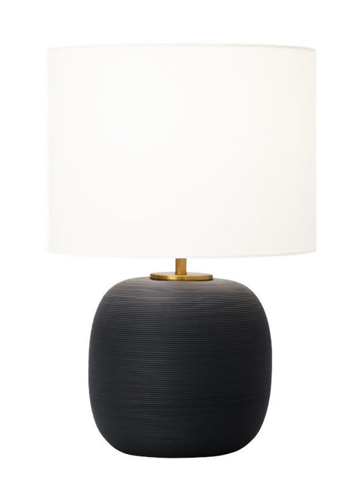 Generation Lighting Fanny Transitional 1-Light Indoor Wide Table Lamp In Rough Black Ceramic Finish With White Linen Fabric Shade (HT1071RBC1)