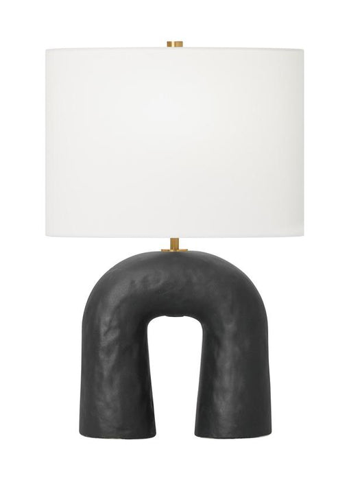 Generation Lighting Hable Aura 1-Light Table Lamp In Rough Black Ceramic Finish With White Linen Fabric Shade (HT1081RBC1)