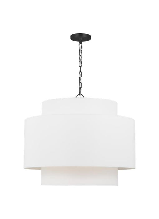 Generation Lighting Kate Spade Sawyer 3-Light Dimmable Pendant Hanging Chandelier Light In Midnight Black Finish With White Linen Fabric Shade (KSP1043MBK)