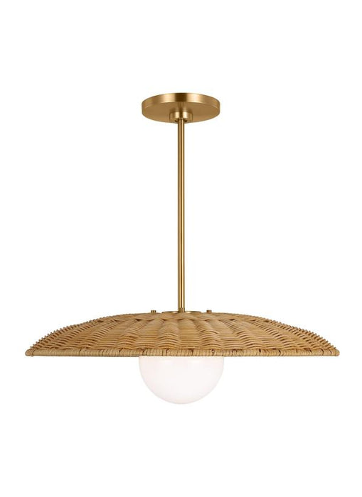 Generation Lighting Mari Casual 1-Light Indoor Dimmable Large Pendant Ceiling Chandelier Light Burnished Brass Gold-Milk Glass Diffuser/Natural Rattan Shade (KSP1101BBS)