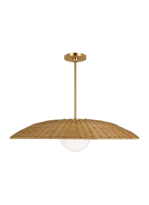 Generation Lighting Mari Casual 1-Light Indoor Dimmable Large Pendant Ceiling Chandelier Light Burnished Brass Gold-Milk Glass Diffuser/Natural Rattan Shade (KSP1111BBS)