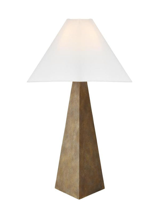 Generation Lighting Herrero Modern 1-Light LED Large Table Lamp In Antique Gild Rustic Gold Finish With White Linen Fabric Shade (KT1371ADB1)