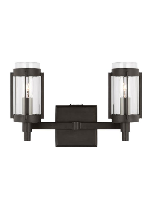 Generation Lighting Flynn Mid-Century Modern 2-Light Indoor Dimmable Bath Vanity Wall Sconce In Aged Iron Finish With Clear Glass Shades (LV1012AI)