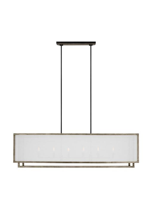 Generation Lighting Brockway Casual 6-Light Indoor Dimmable Large Linear Chandelier Weathered Oak Wood With White Linen Fabric Shades (TFC1086WDO)