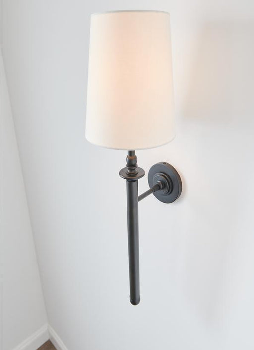 Generation Lighting Capri Tail Sconce Aged Iron Finish With White Linen Fabric Shade (TW1021AI)