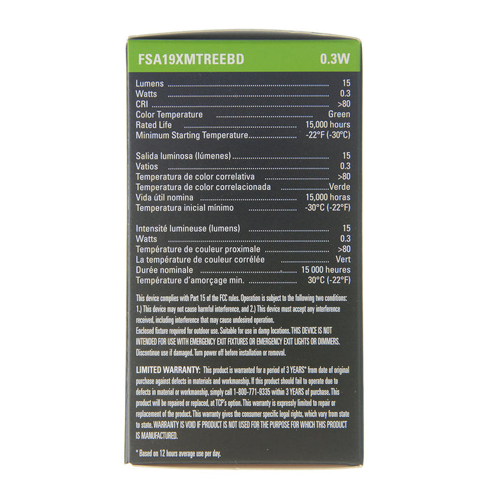 TCP A19 Shaped Filament Bulb - 0.3W 80 CRI 120V Dimmable E26 Base - Xmas Tree Base Down Green (FSA19XMTREEBD)