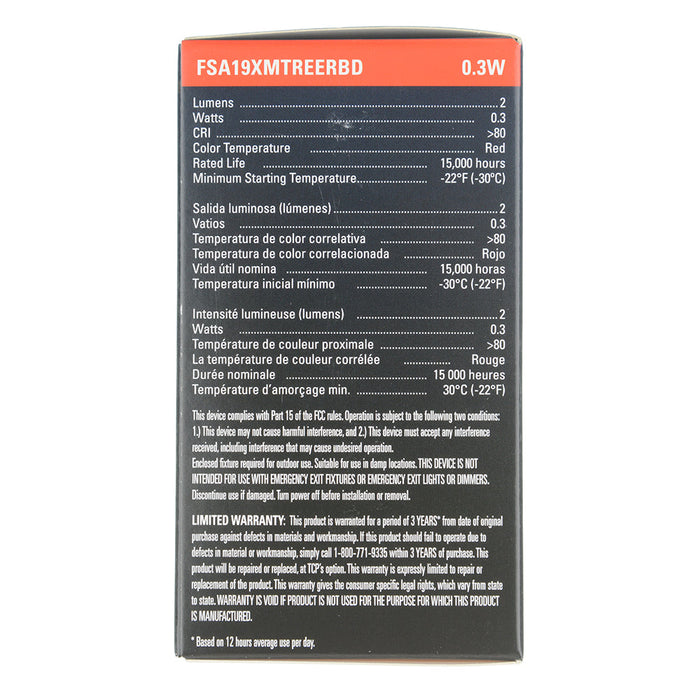 TCP A19 Shaped Filament Bulb - 0.3W 80 CRI 120V Dimmable E26 Base - Xmas Tree Red Base Down (FSA19XMTREERBD)