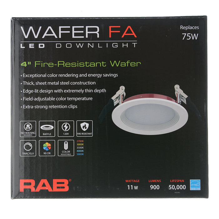 RAB 4 Inch Fire-Resistant Wafer Round 11W CCT Selectable 2700K/3000K/3500K/4000K/5000K 90 CRI Baffle (FWAFER4B)