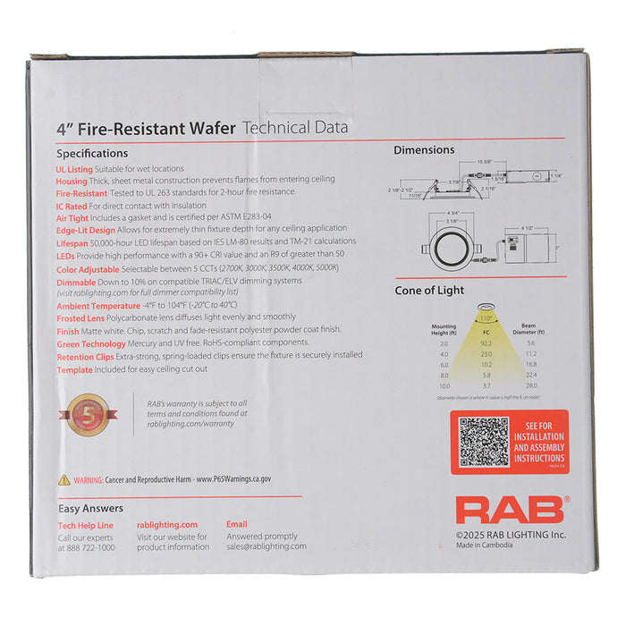 RAB 4 Inch Fire-Resistant Wafer Round 11W CCT Selectable 2700K/3000K/3500K/4000K/5000K 90 CRI Baffle (FWAFER4B)