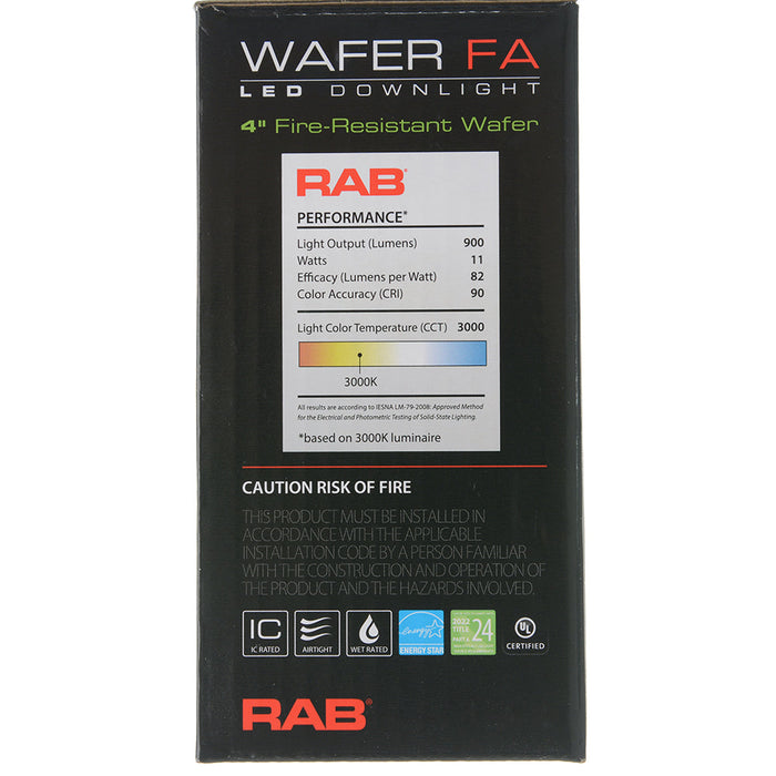 RAB 4 Inch Fire-Resistant Wafer Round 11W CCT Selectable 2700K/3000K/3500K/4000K/5000K 90 CRI Baffle (FWAFER4B)