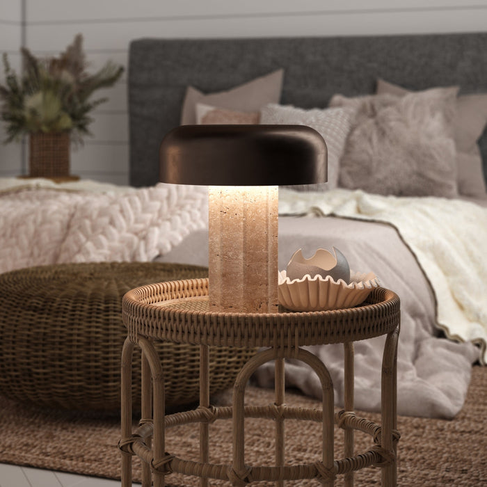 Bulbrite FLUTED COLUMN/TL/TR/CB Cordless Indoor Table Lamp Fluted Column 5.5W 3.7V 300Lm 2700K 92 CRI Travertine/Chocolate Bronze (K70500)