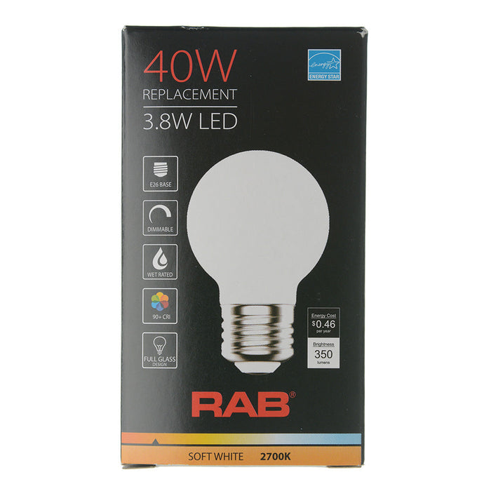 RAB Filament G16.5 3.8W 40W Equivalent 350Lm E26 90 CRI 2700K Dimmable Frosted (G16.5-3-E26-927-F-F)