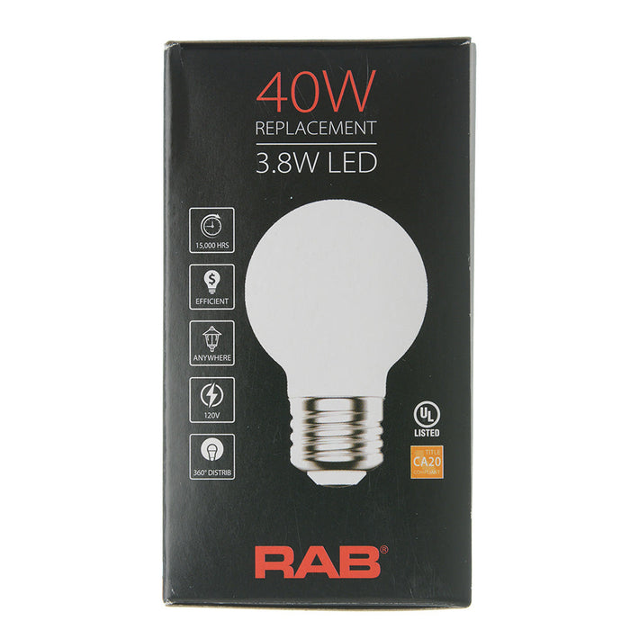 RAB Filament G16.5 3.8W 40W Equivalent 350Lm E26 90 CRI 2700K Dimmable Frosted (G16.5-3-E26-927-F-F)