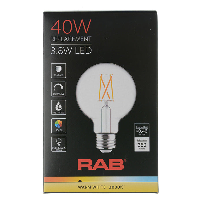 RAB Filament G25 3.8W 40W Equivalent 350Lm E26 Base 90 CRI 2200K-3000K Dimmable Clear (G25-3-E26-922/30-F-C-WGD)