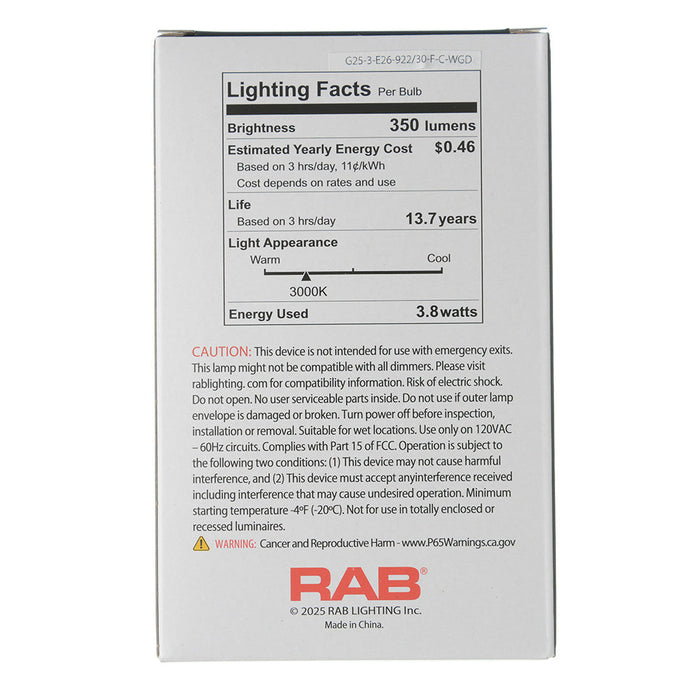 RAB Filament G25 3.8W 40W Equivalent 350Lm E26 Base 90 CRI 2200K-3000K Dimmable Clear (G25-3-E26-922/30-F-C-WGD)